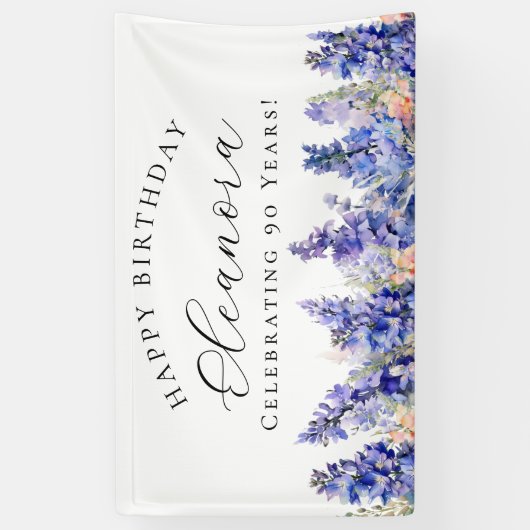 第90ハッピーバースデーバナーブルー7月誕生花 横断幕 (縦)