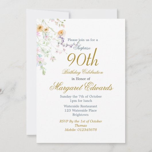 第90フローラ野草写真エレガント誕生日 招待状 (正面)