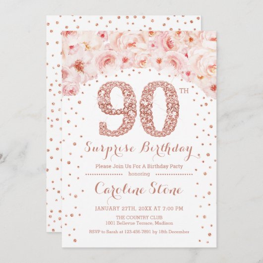 第90回サプライズ誕生日パーティー – ホワイトローズ金ゴールド 招待状 (正面/裏面)
