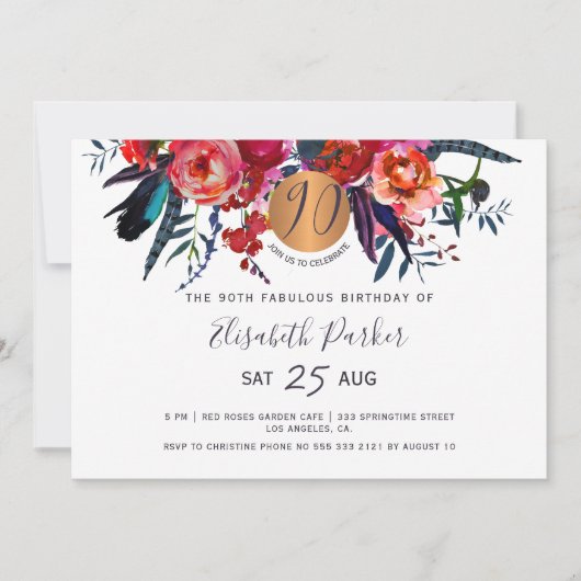第90回シックモダンフローラ水彩誕生日パーティー 招待状 (正面)
