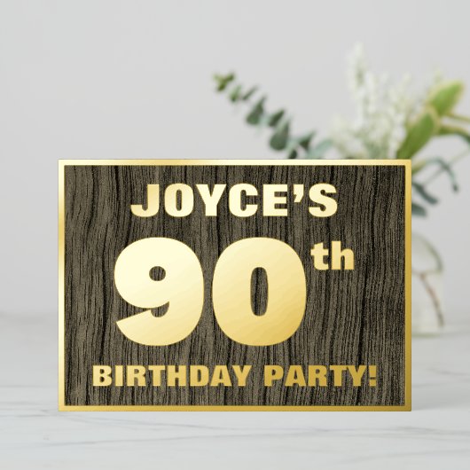 第90回バースデーパーティはっきりしたーフェイク: Wood Grain Pattern 箔招待状 (立ち正面)