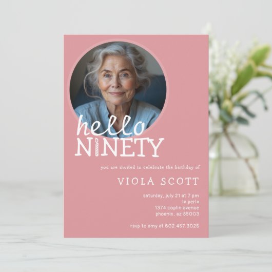 第90回バースデーパーティーこんにちは90写真ピンク 招待状 (スタンド正面)