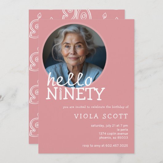 第90回バースデーパーティーこんにちは90写真ピンク 招待状 (正面/裏面)