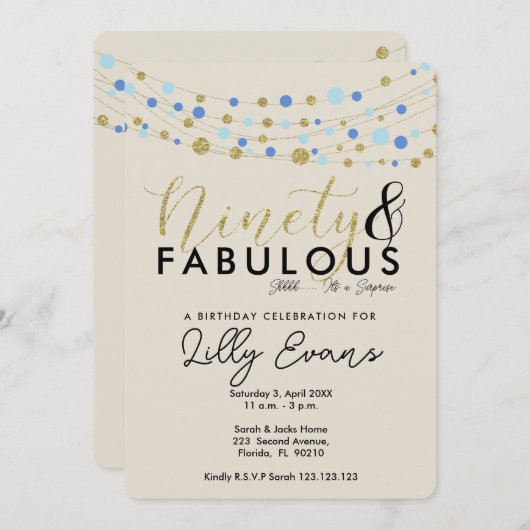 第90回バースデーパーティーの招待状、ブルーと金ゴールド 招待状 (正面/裏面)
