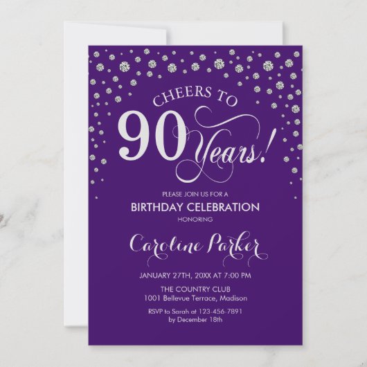 第90回バースデーパーティーの招待状 – Silver Purple 招待状 (正面)