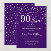 第90回バースデーパーティーの招待状 – Silver Purple 招待状 (正面/裏面)