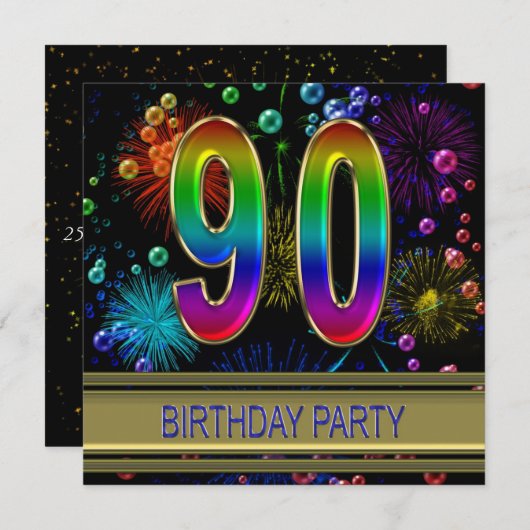 第90回バースデーパーティーへの招待(バブル付き) 招待状 (正面/裏面)