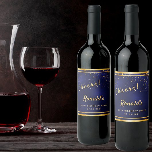 第90回バースデーパーティーダークネイビーブルー金ゴールド応援 ワインラベル