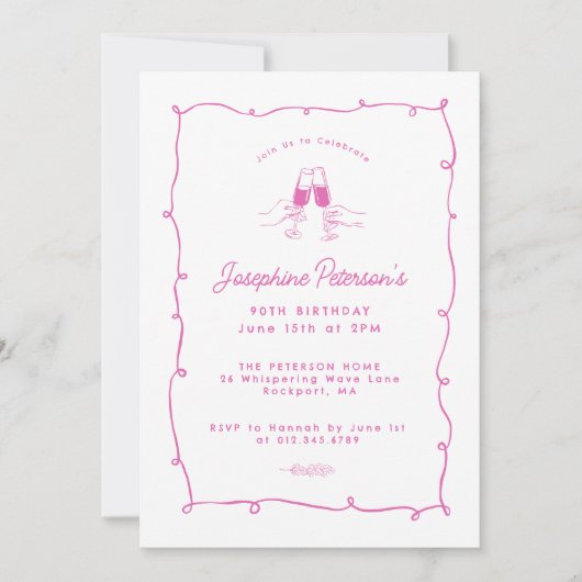 第90回バースデーパーティーピンクお洒落ドードル 招待状 (正面)