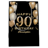 第90回バースデーパーティーブラック&金ゴールドバルーン ミディアムペーパーバッグ (正面)