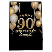 第90回バースデーパーティーブラック&金ゴールドバルーン ミディアムペーパーバッグ (裏面)
