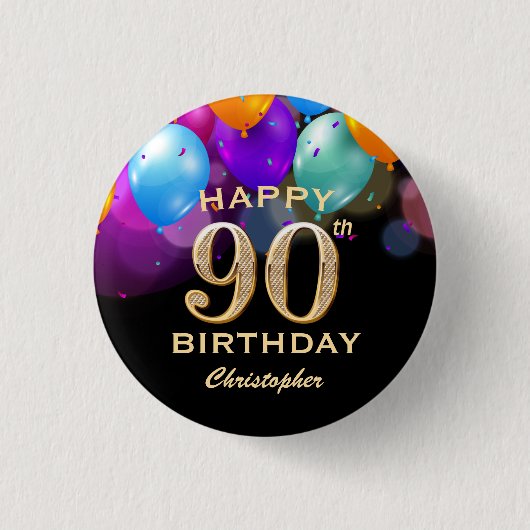 第90回バースデーパーティーブラック&金ゴールドバルーン 缶バッジ (正面)