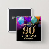 第90回バースデーパーティーブラック&金ゴールドバルーン 缶バッジ (正面&裏面)