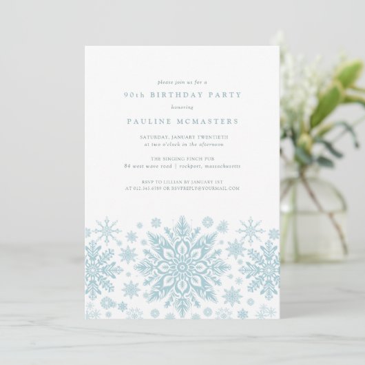 第90回バースデーパーティーブルーホワイトスノーフレーク冬 招待状 (スタンド正面)