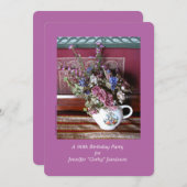 第90回バースデーパーティー招待状、花inティーポット 招待状 (正面/裏面)