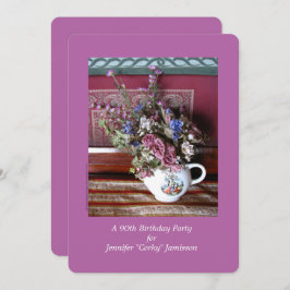 第90回バースデーパーティー招待状、花inティーポット 招待状