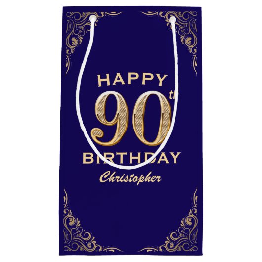 第90回バースデーパーティー海軍ブルーと金ゴールドグリッター スモールペーパーバッグ (正面)