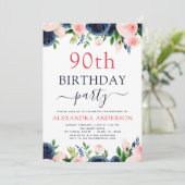 第90回バースデーパーティー海軍ブルー赤面ピンクフローラ 招待状 (スタンド正面)