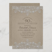 第90回バースデーパーティー素朴バーラップ真珠とレース 招待状 (正面/裏面)