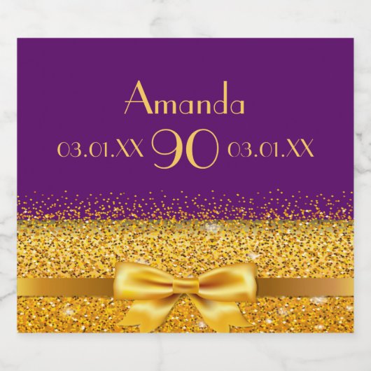 第90回バースデーパーティー紫とフェイク金ゴールドボウ スパークリングワインラベル (シングルラベル)