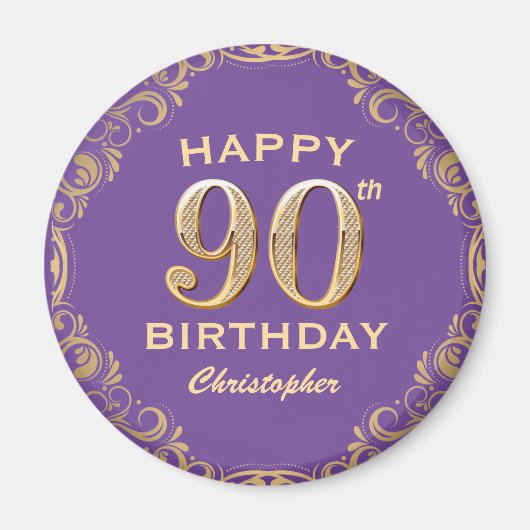 第90回バースデーパーティー紫と金ゴールドグリッター枠 マグネット (正面)
