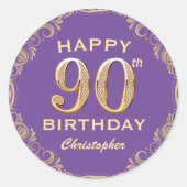 第90回バースデーパーティー紫と金ゴールドグリッター枠 ラウンドシール (正面)