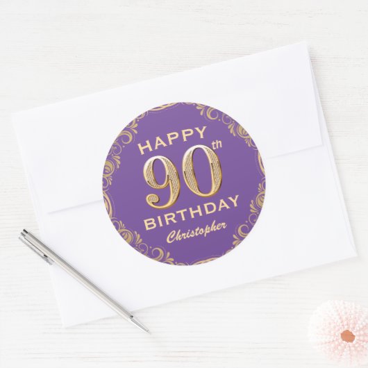 第90回バースデーパーティー紫と金ゴールドグリッター枠 ラウンドシール (封筒)