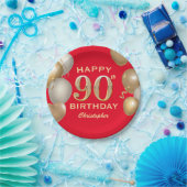 第90回バースデーパーティー赤と金ゴールドバルーン ペーパープレート (パーティー)