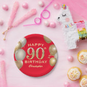 第90回バースデーパーティー赤と金ゴールドバルーン ペーパープレート (パーティー)