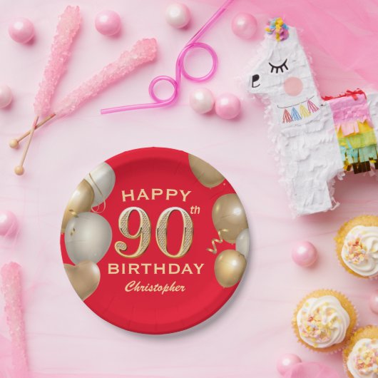 第90回バースデーパーティー赤と金ゴールドバルーン ペーパープレート (パーティー)