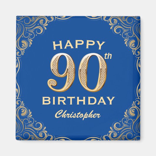 第90回バースデーパーティー青と金ゴールドグリッター枠 マグネット (正面)