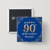 第90回バースデーパーティー青と金ゴールドグリッター枠 缶バッジ (正面&裏面)