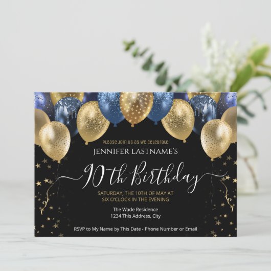 第90回バースデーパーティー青と金ゴールド招待状 招待状 (スタンド正面)