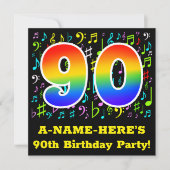 第90回バースデーパーティー:おもしろいミュージックシンボルRainbow 90 招待状 (正面)