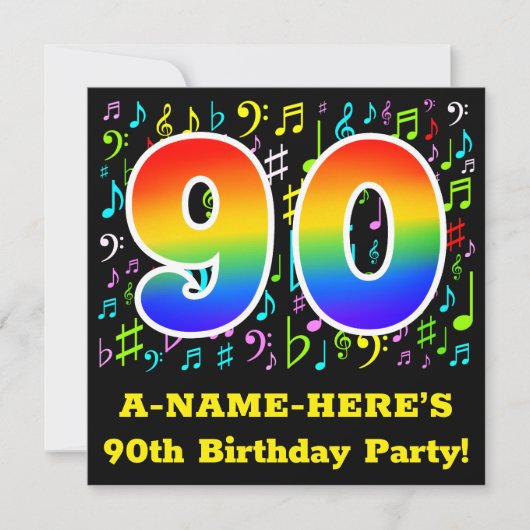 第90回バースデーパーティー:おもしろいミュージックシンボルRainbow 90 招待状 (正面)
