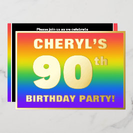 第90回バースデーパーティー:おもしろい、レインボーカラフルパターン 箔招待状