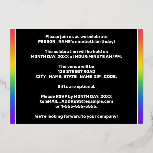 第90回バースデーパーティー:おもしろい、レインボーカラフルパターン 箔招待状 (裏面)