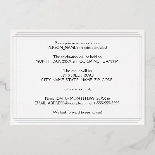 第90回バースデーパーティー:アールデコの外観"90"と名前 箔招待状 (裏面)