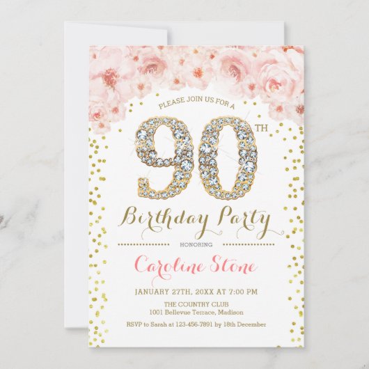 第90回バースデーパーティー – ホワイト金ゴールドピンク 招待状 (正面)