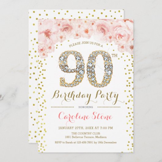 第90回バースデーパーティー – ホワイト金ゴールドピンク 招待状 (正面/裏面)
