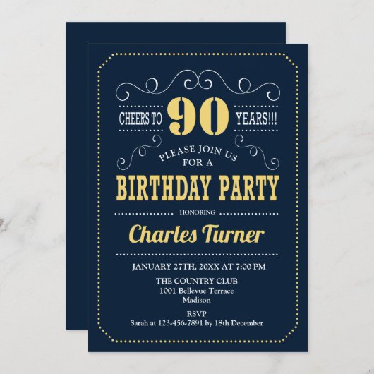 第90回バースデーパーティー – 海軍金ゴールド 招待状 (正面/裏面)