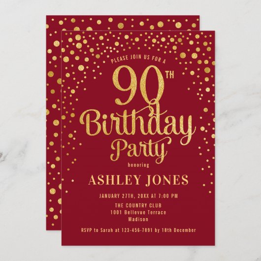 第90回バースデーパーティー – 赤と金ゴールド 招待状 (正面/裏面)
