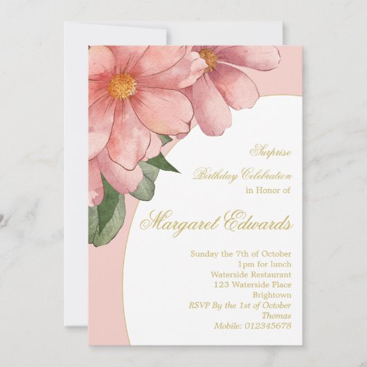 第90回ピンクの金ゴールドエレガントフローラ写真誕生日 招待状 (正面)