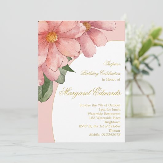 第90回ピンクの金ゴールドエレガントフローラ写真誕生日 招待状 (スタンド正面)
