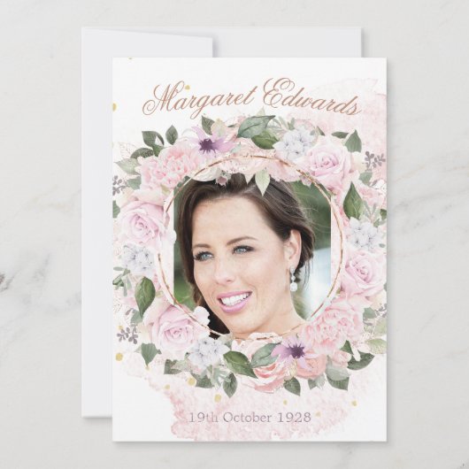 第90回フローラピンク金ゴールドエレガントフォト誕生日 招待状 (裏面)