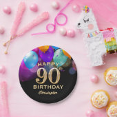 第90回誕生パーティーブラック&金ゴールド気球 ペーパープレート (パーティー)