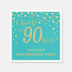 第90回誕生日パーティーティール(緑がかった色)と金ゴールド·ダイヤモ スタンダードカクテルナプキン