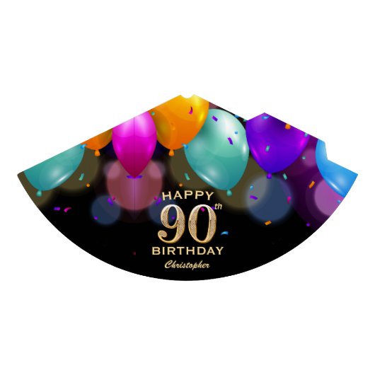 第90回誕生日パーティーブラック&金ゴールドパーティーハット パーティーハット (正面)
