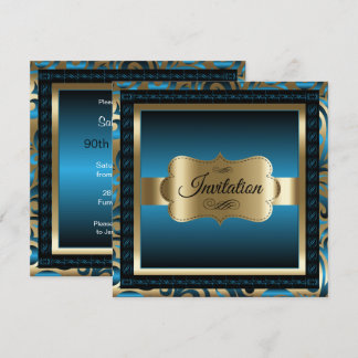 第90回誕生日パーティー|ブルーメタリック&金ゴールド 招待状
