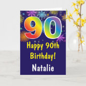 第90回誕生日レカラフルインボー花火ネービーブルー カード (黄色い花)